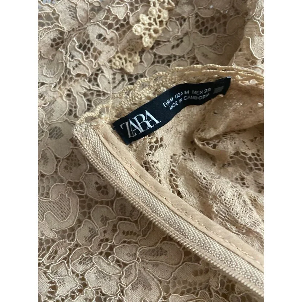 Zara long sleeve nude floral lace cropped top with zippered closure  | worn once